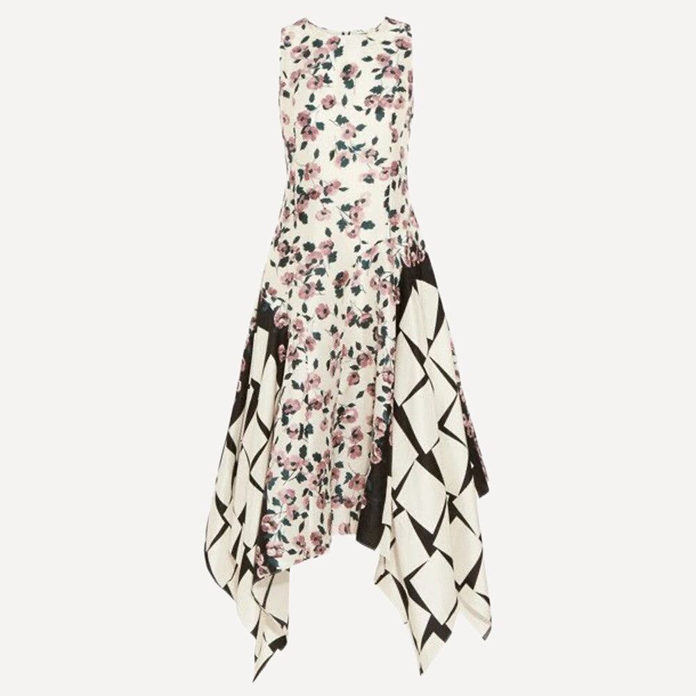 Suno Silk Long Asymmetric Floral Checked Sleeveless Dress - 0